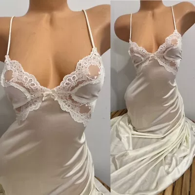 By VAL MODE VINTAGE SLIP DRESS LINGERIE SILKY WHITE Nylon Lace NIGHTGOWN Sz S • $9