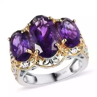 LOVE!!  7.25ctw Premium Moroccan Amethyst 3 Stone Ring Platinum Plated Size 9 • $56