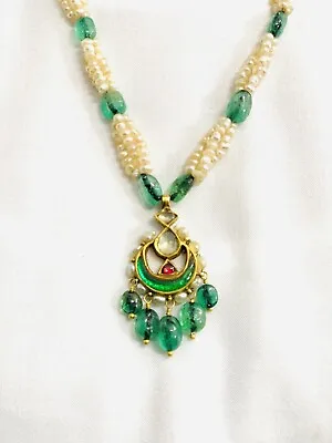 Mughal Style 22 Kt Gold Tikka Pendent With Basra Pearls And Old Emeralds Beads • $6000