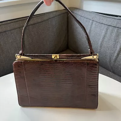 Bellestone Vintage Brown Lizard Structured Leather Handbag Purse Kelly Box Style • $210