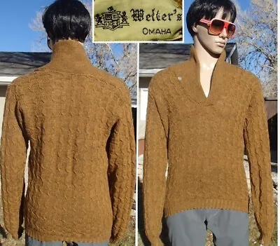 Vtg 60's WOOL CABLE KNIT Fisherman Sweater Grandpa Shawl Collar USA MADE Mens MD • $46.80