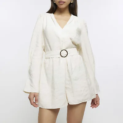 River Island Womens Playsuit Cream Belted Long Sleeve Belted V-Neck Outfit • £10