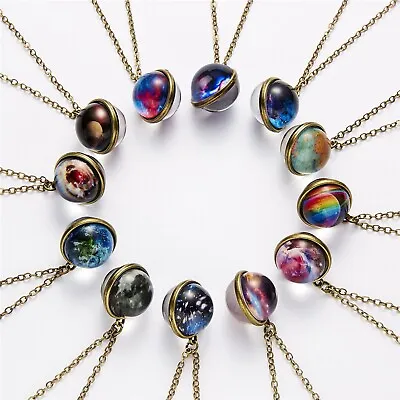 Glow In The Dark Galaxy System Double Sided Glass Dome Planet Necklace Pendant • £2.95