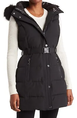 Michael Kors Women's Faux Fur Trim Hooded Twill Puffer Belted Vest Black Size XS • $89.99