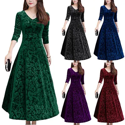 $24.13 • Buy Women V-neck Velvet Long Sleeve Dress Ladies Bodycon Cocktail Party Maxi Dress