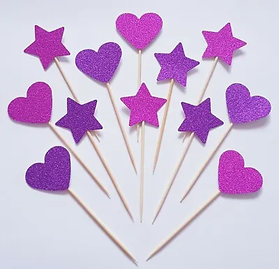 £2.85 • Buy 12 X Glitter Pink Purple Stars & Hearts Cupcake Toppers, Glitter Cake Decoration
