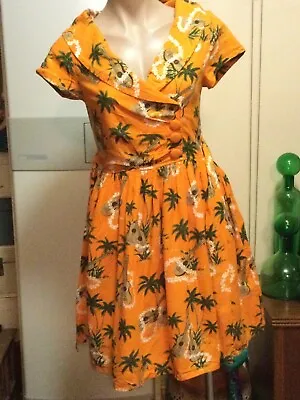 REVIVAL Rockabilly Rock N Roll Style Dress Orange Palm Trees Size 8 • $54