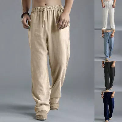 $17.68 • Buy Mens Solid Cotton Linen Baggy Long Pants Casual Loose Beach Buttoms Trousers
