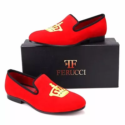 Handmade FERUCCI Men Red Velvet Slippers Loafers With Crown  • $97.49