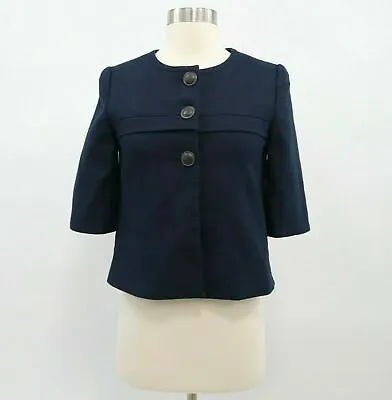 J.CREW Blazer Jacket Womens 0 Navy Blue Crew Neck Boxy 3/4 Sleeves Cotton Hemp • $29.90