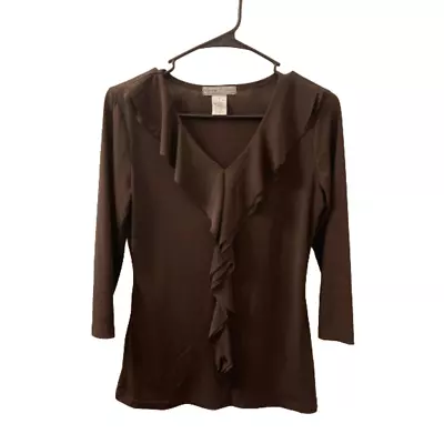 Vintage Suzie Ladies Brown V-Neck Ruffled Blouse Size Small • $20