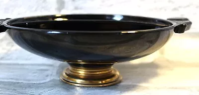 VTG Black Bowl Amethyst Art Deco Glass Footed Goldtone  RARE Scroll Handles • $39.99