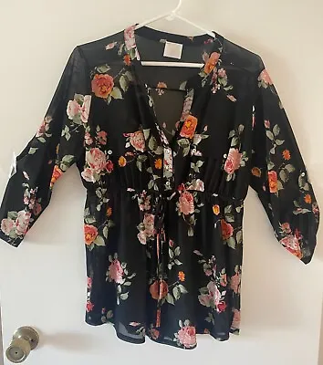 Siren Lily Women Maternity Shirt Blouse XL Black Floral 3/4 Sleeve See Through • $5