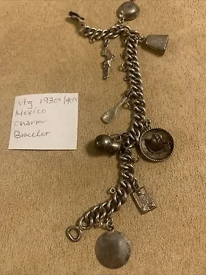 1930s Estate Vintage Sterling Silver Mexican Themed Charm Bracelet 7” • $48.70