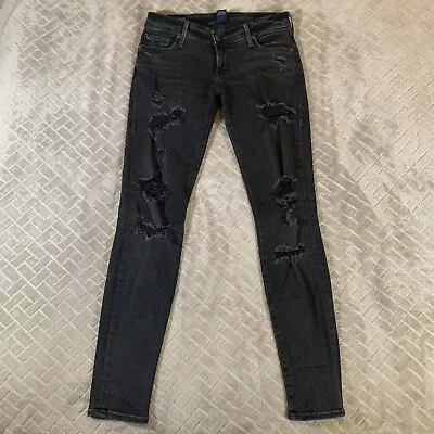 True Religion Womens 26 Denim Jeans Black Casey Skinny Distressed Low Rise • $16.99