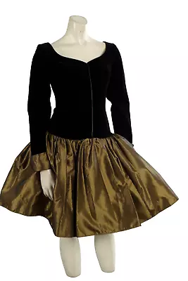 Vintage Laura Ashley Black Olive Green Satin Drop Waist Flare Dress Size 4 • $29.99