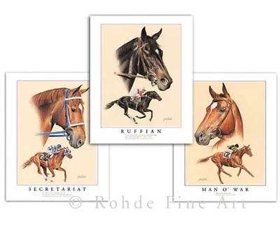 3 ART PRINTS HORSE RACING BIG 3:SECRETARIAT MAN O' WAR RUFFIAN Signed Set ROHDE • $49