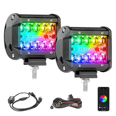 Pair 4  LED Pods Work Light RGB Halo Color Changing Chasing Bluetooth APP Wiring • $44.99