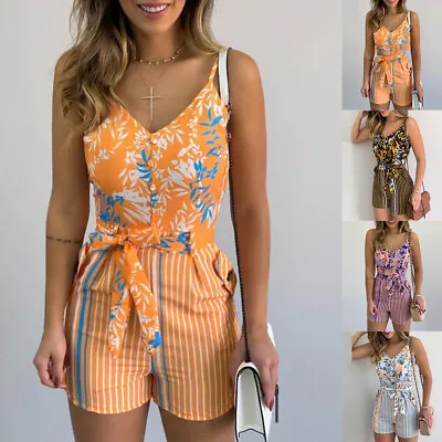 Womens Boho Floral Mini Jumpsuit Romper Summer Holiday Beach Playsuit Shorts 16 • £12.39