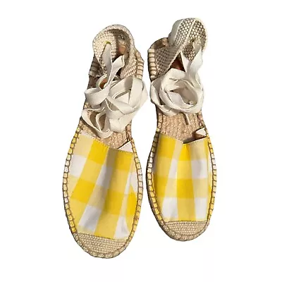 NEW J.Crew Size 8  Gingham D Orsay Lace-up Espadrilles Yellow Gingham Preppy • $29.99