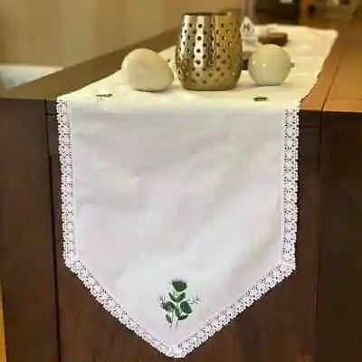 Luxury 100% Cotton White Embroidered Floral Thistle Table Runner Lace Border • £6.95