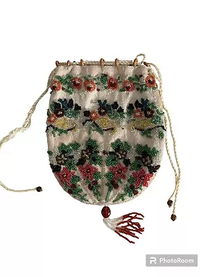 Antique Vintage Early Century Floral Beaded Drawstring Evening Bag • $54