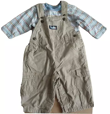 BHS BAMBINI Beige Dungarees Blue Striped Long Sleeve T-Shirt Set Age 3-6 Months • £2.50