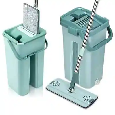 Mop And Bucket Set With Wringer Flat Floor Mop 2 Microfiber Pads Wet & Dry Use • $24.99