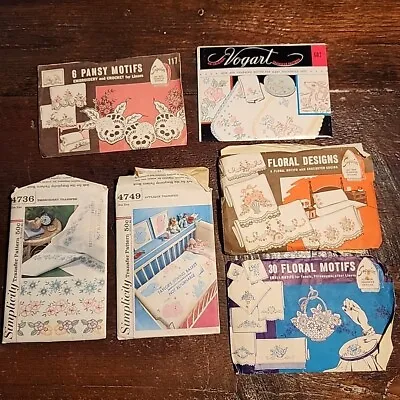 Lot Of 6 Vintage Embroidery Patterns Iron On Transfers Deer Floral Basket • $20