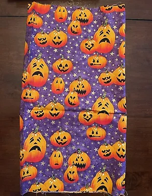Halloween Jack O Lantern Pumpkins On Purple & Gold Stars Cotton Pickins Fabric  • $5.99