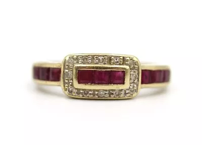 .375 9ct YELLOW GOLD Square RUBY 0.06ct DIAMOND Vintage Ring R 2.50g -C83 • £138