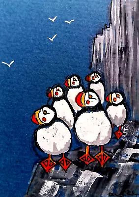 ACEO Original Bird Painting 'Puffins-The Lookout'  By AlisonE • £1.99