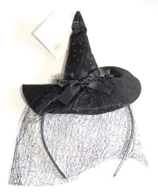 Tiny Witch Hat  On Headband Black Veil Web Glitter Halloween Costume Accessory • $6.34