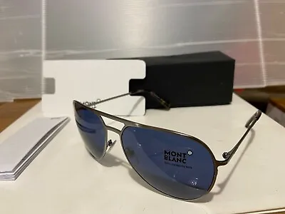 New Mont Blanc - MB546S 14V Sunglasses Shiny Ruthenium & Havana / Grey Blue Lens • $129.95