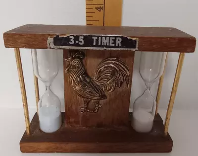 3 & 5 Minute Sand Hourglass Timer With Wood Stand & Rooster - Vintage • $15.98