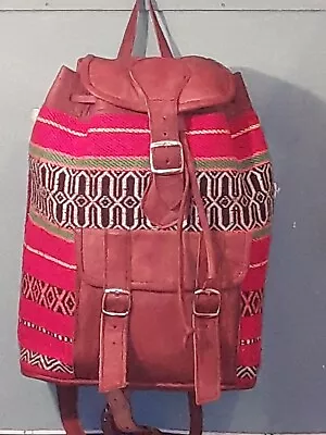 Vintage Moroccan Wool & Leather Carpet Tote Bag Backpack Kilim Red Velvet Lining • $89.99