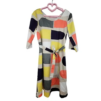 Marimekko Suklaajatski Mod Cotton Tie Waist Dress Tunic Size 32 Multicolor Oval • $69.99