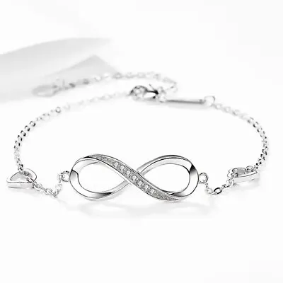 Infinity Bracelet Genuine 925 Silver Women's Bracelet With Heart Elegant Zirconia Jewelry • £23.58