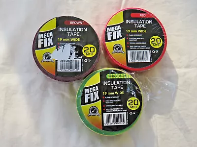 3 X Rolls Mega Fix Insulation Tape. Red Brown Green/Yellow. 20m X 19 Mm • £3.95