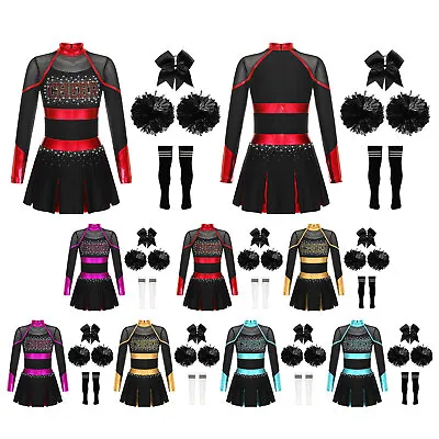 UK 4 Pcs Cheer Leader Costume Girls Cheerleading Uniform Dress Set With Pom Poms • £30.66