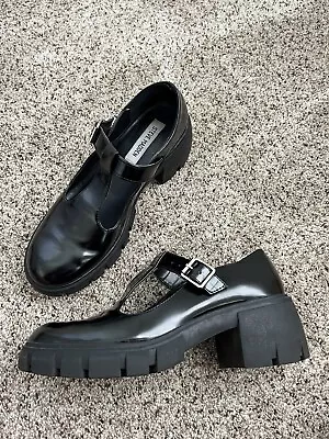Steve Madden Hoboken T Bar Shoes Black Platform Buckle Strap Faux Leather 9 • $25