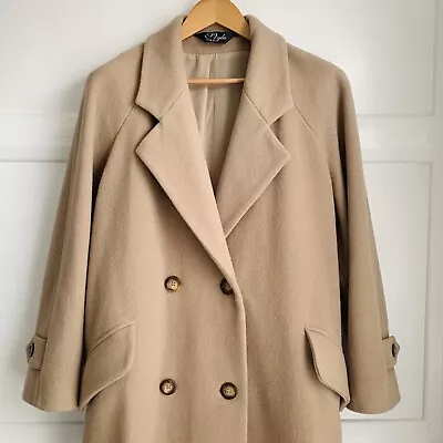 VINTAGE Wool Double Breasted Overcoat Womens 12 Camel Raglan Sleeve Long Coat • £49
