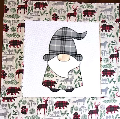 Scrappy Gray Plaid & Red Bear Deer Gnome Mini Quilt Top Only Appx 15 ½ In.#1367 • $14.99