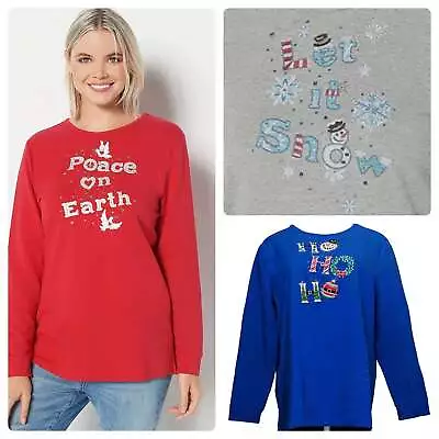 Quacker Factory Women’s Holiday Saying French Terry Long- Sleeve Top • $20.31