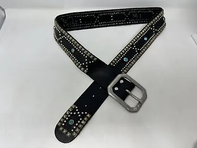 Vintage B-Low The Belt Silver Metal Turquoise Studded Leather Belt Black Size M • $75