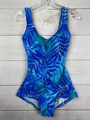 Vintage Maxine Of Hollywood Swimsuit 10 Blue Tropical Palm Leaf Bathing Suit • $29.99