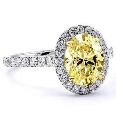 3Ct Oval Cut Canary Yellow Diamond Engagement Halo Ring 14K White Gold Finish • £78.96