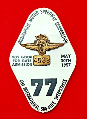 $119 • Buy 1957 Indy 500 BRONZE #4539 Pit Badge W/BUC #77 - Hard To Find - SAM HANKS Wins!