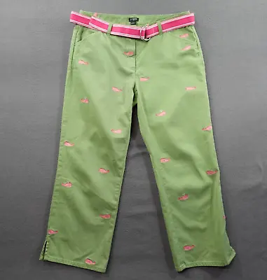 J Crew Size 6 Casual Pants Cropped Favorite Fit Green With Pink Whale Embroidery • $19.99