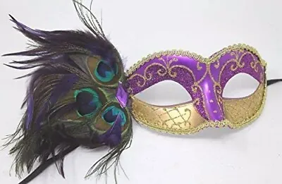 Purple & Gold Mask With Peacock Feathers Venetian Masquerade Ball Party Prom Eye • £13.95